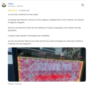 Review positif d’un client satisfait par son enseigne néon personnalisée